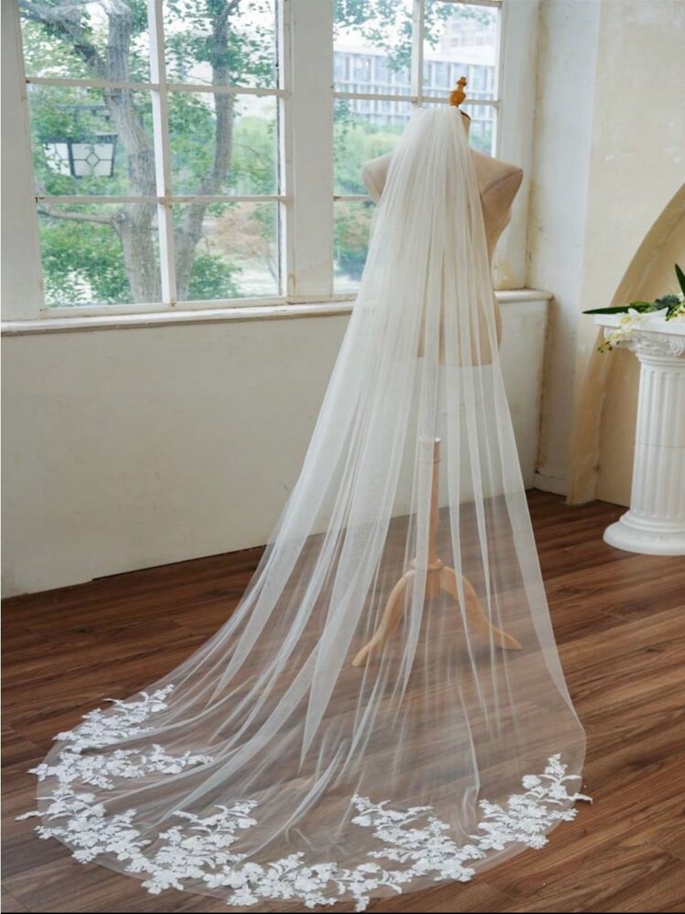 Long White Bridal Veil with Floral Lace Edge